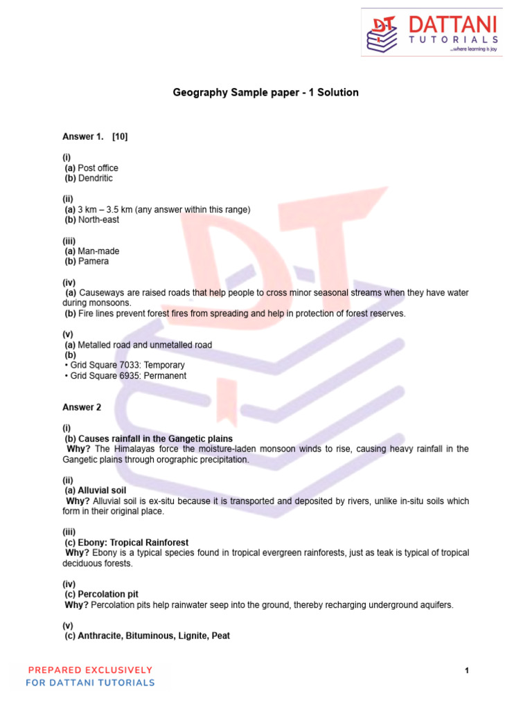 Geography Sample Paper - 1 Solution | PDF | Soil | Monsoon
