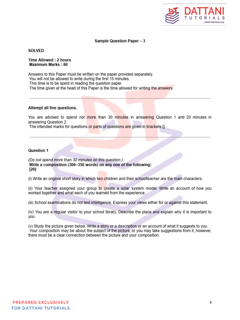 Sample Question Paper - 3 English Language | PDF | Question
