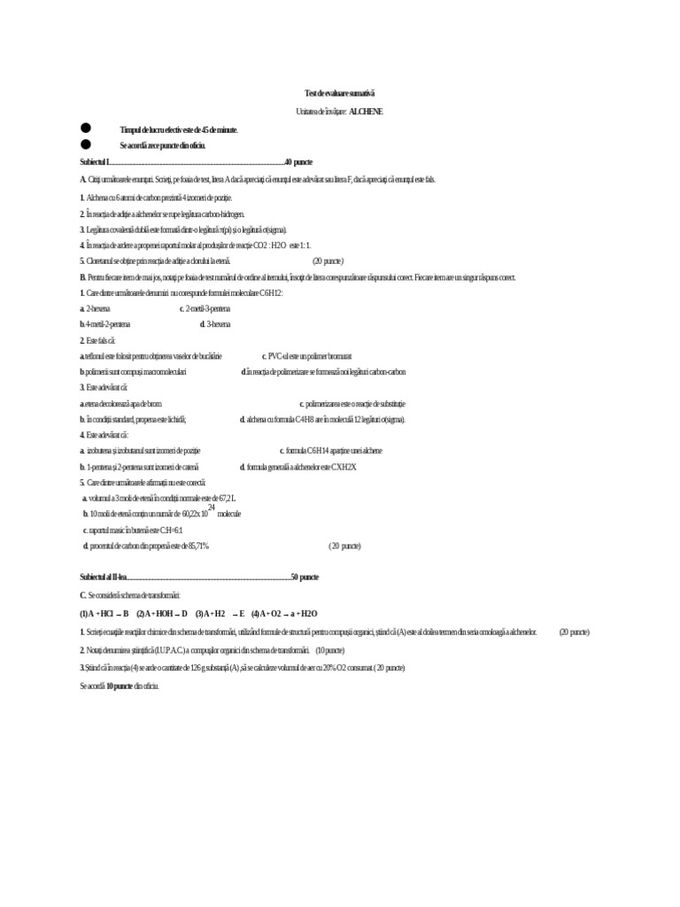 Test de Evaluare Sumativ Alchene | PDF