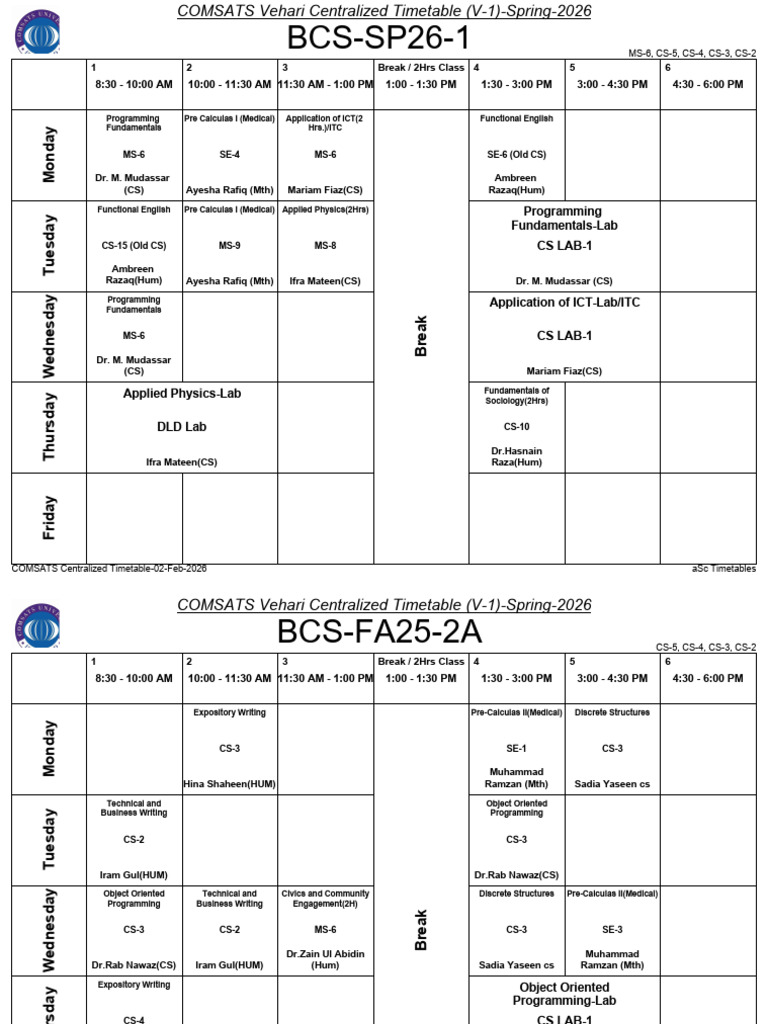 Central Timetable of CUI Vehari (Undergraduate-V-01) For Spring-2026 ...