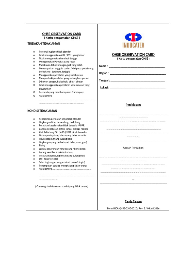 Form Inca Qhse 010z 001z Qhse Observer Card | PDF