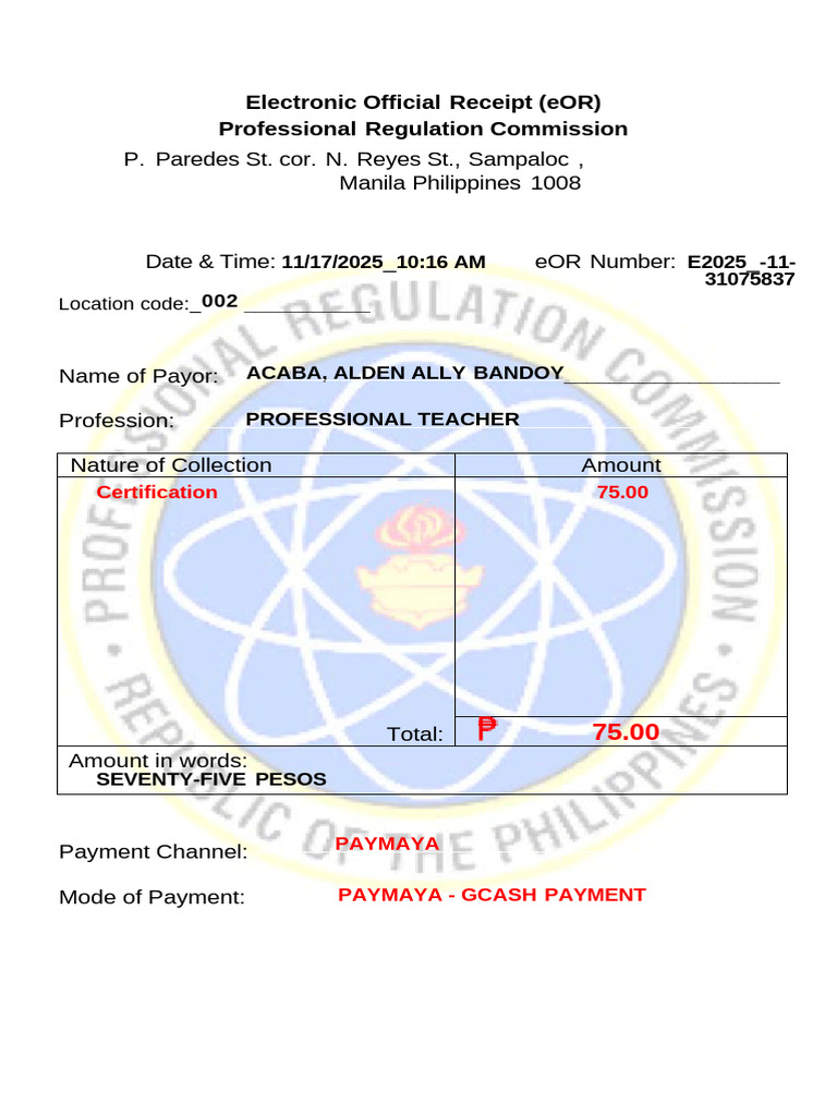 Electronic Official Receipt (eOR) Professional Regulation Commission | PDF