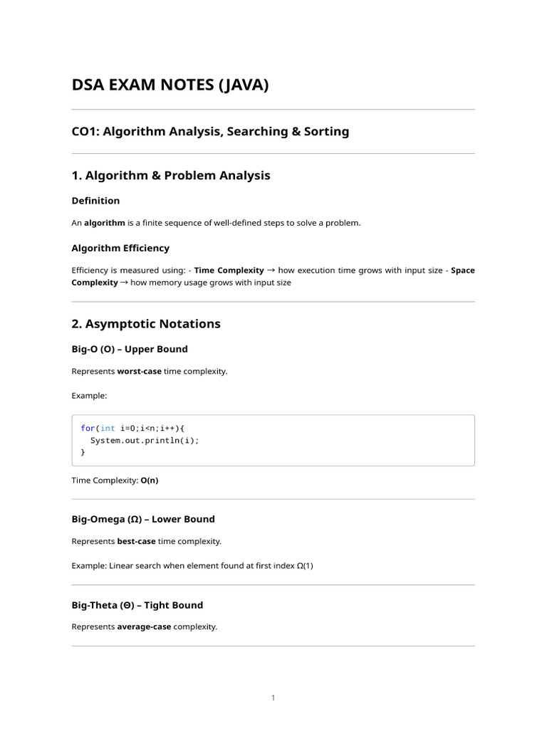 Dsa Exam Notes (Java) - Co1 & Co2 | PDF | Time Complexity | Algorithms ...
