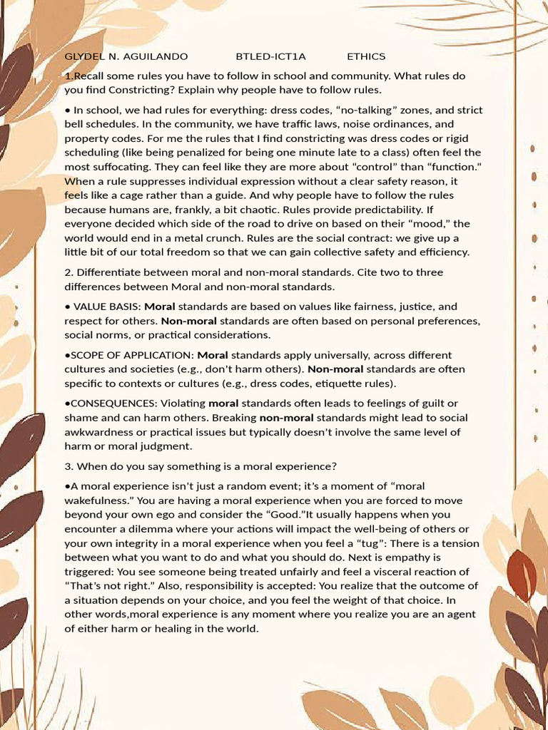 Glydel Aguilando - ETHICS Activity | PDF | Morality | Social Psychology