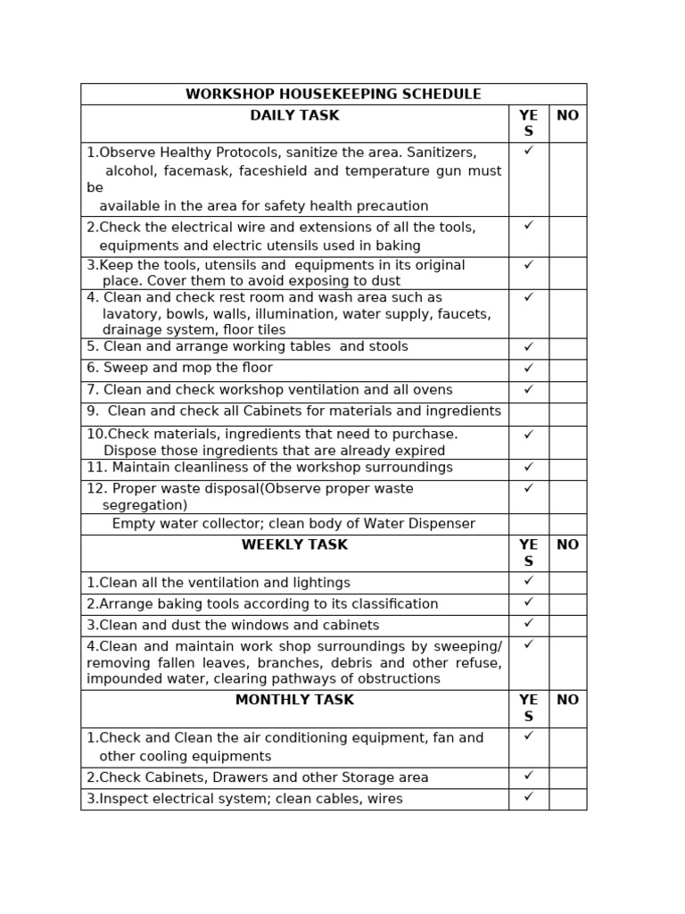 Workshop Housekeeping Schedule | PDF