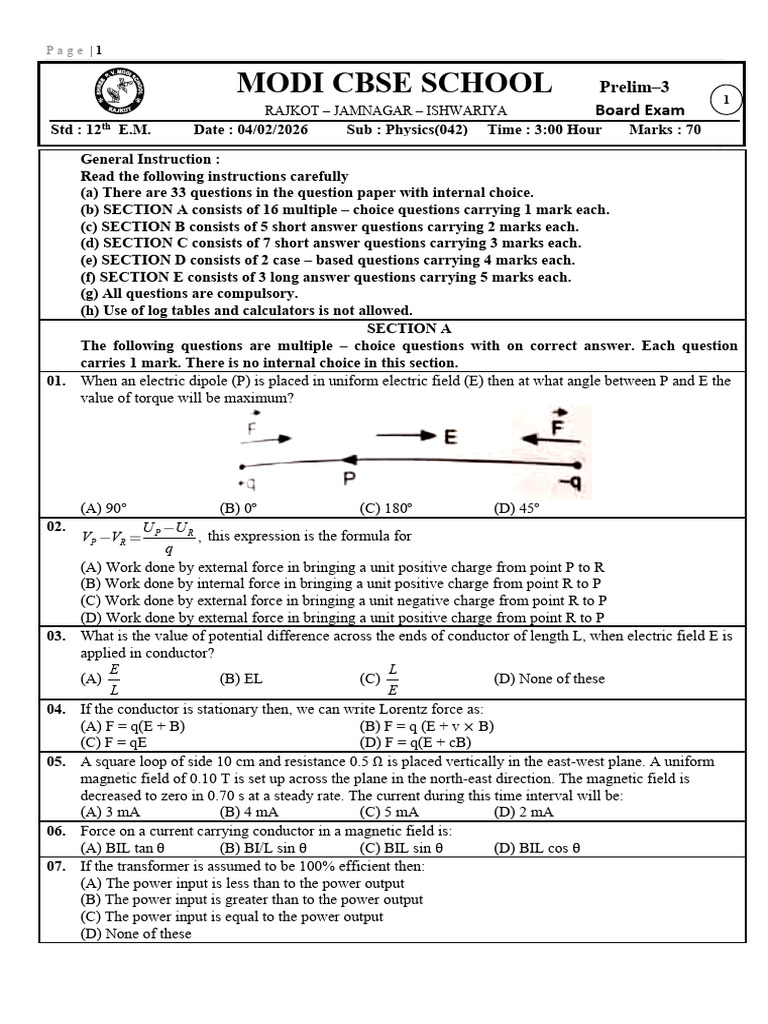 12th CBSE Phy P-3 Board Dt-04!02!2026 | PDF | P–N Junction | Electron