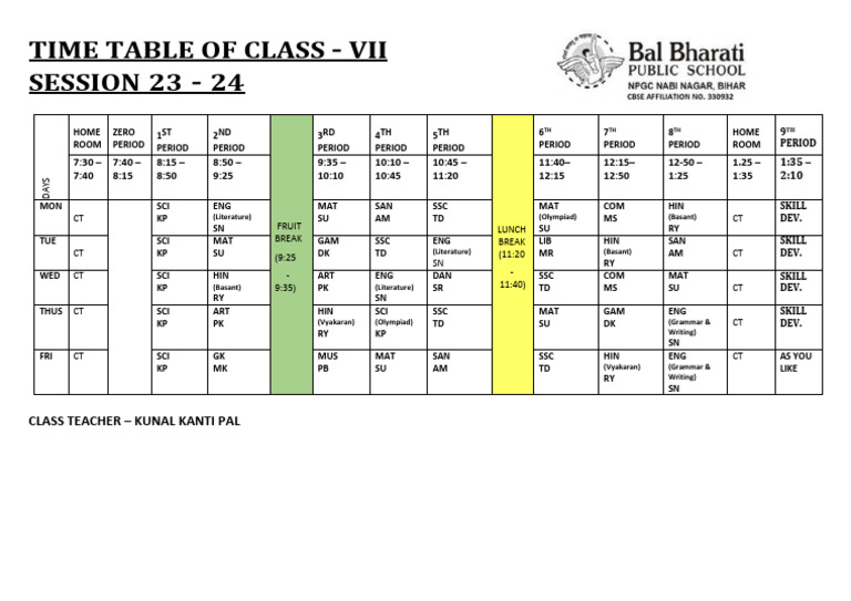 Class Timetable 2023-24 Wef 01.08-7 | PDF