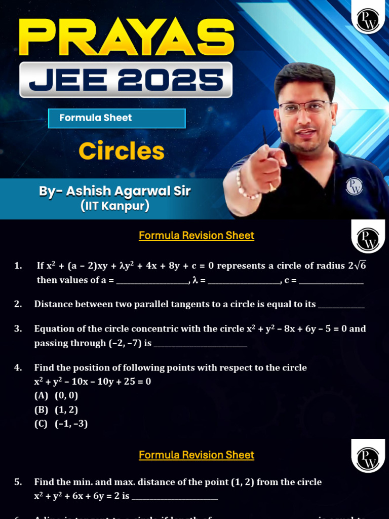 Circles - Formula Sheet - Prayas JEE 2025 | PDF | Circle | Perpendicular
