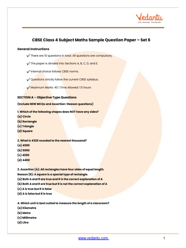 CBSE Class 4 Maths Sample Paper 2025-26 (Mock Paper 6) | PDF