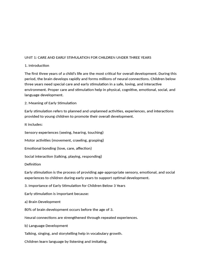 Unit-1 Care and Early Stimulation For Children Under Three Year | PDF