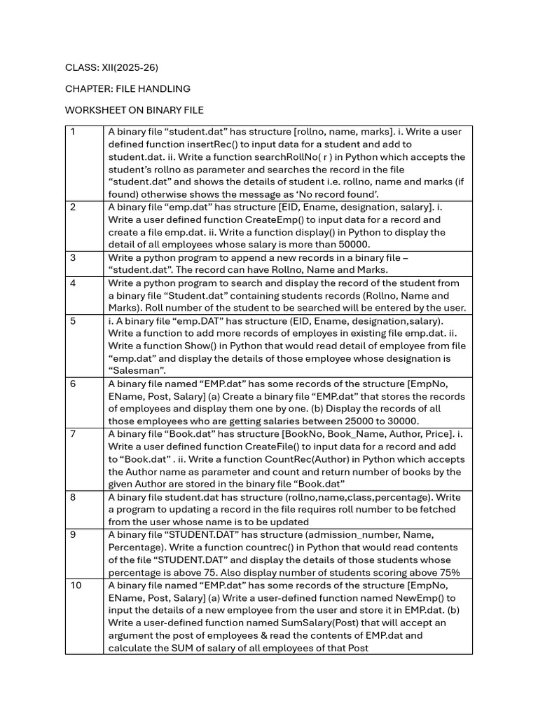 BINARY FILE Practice Questions | PDF | Parameter (Computer Programming ...