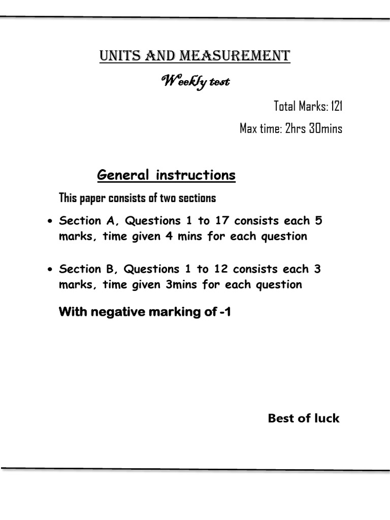 Test Paper Units and Mesurement | PDF