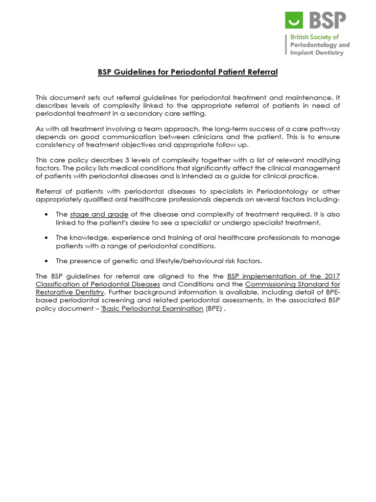 BSP Guidelines For Patient Referral 2020 | PDF | Periodontology ...