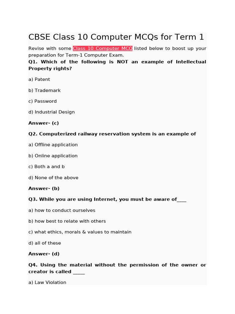 CBSE Class 10 Computer MCQs For Term 1 | PDF | Markup Language | Cyberspace