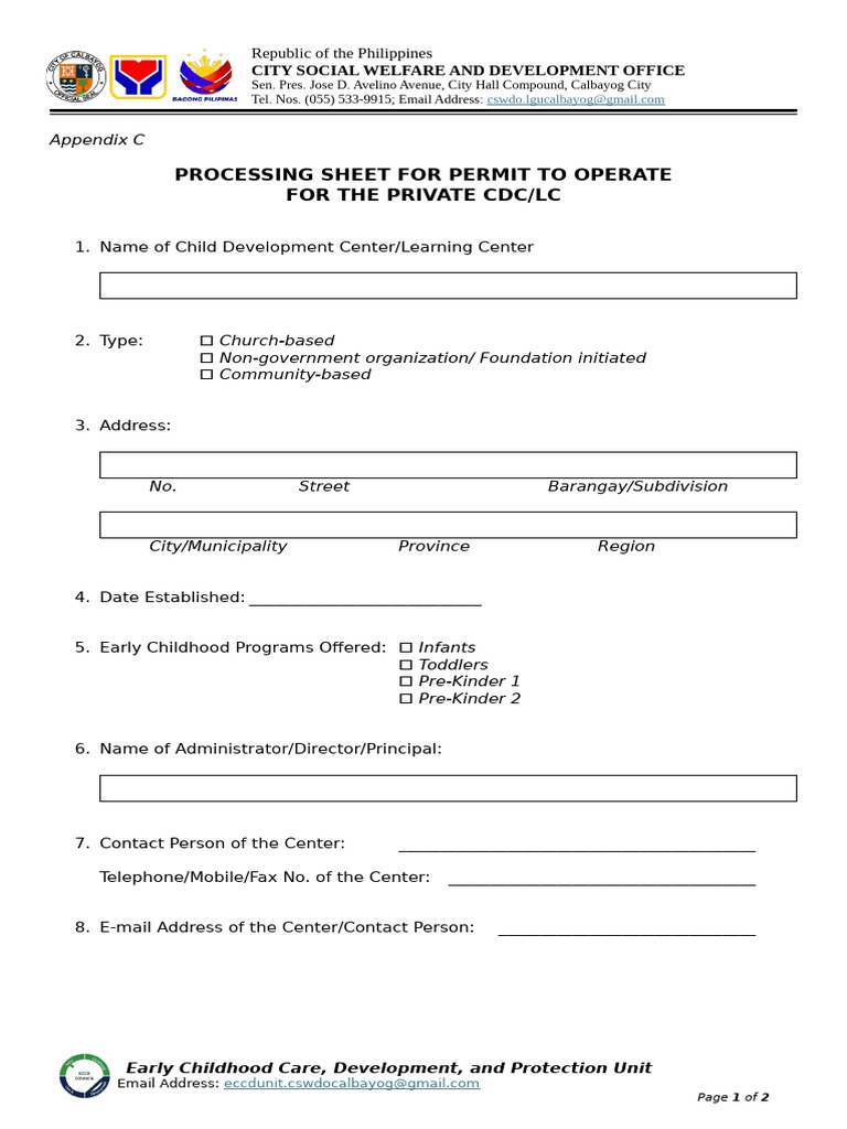 Appendix C - Processing Sheet For Permit To Operate For The Private CDC ...