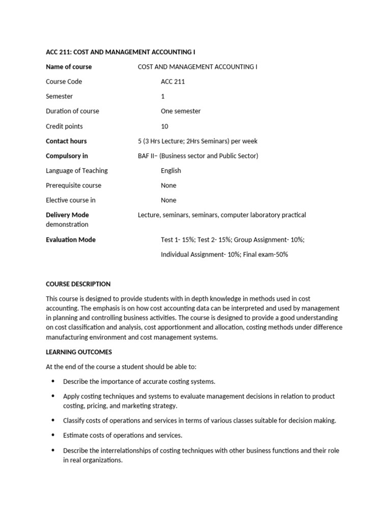Acc 211 Cost & MNGNT Accounting I Course Outline | PDF | Cost ...