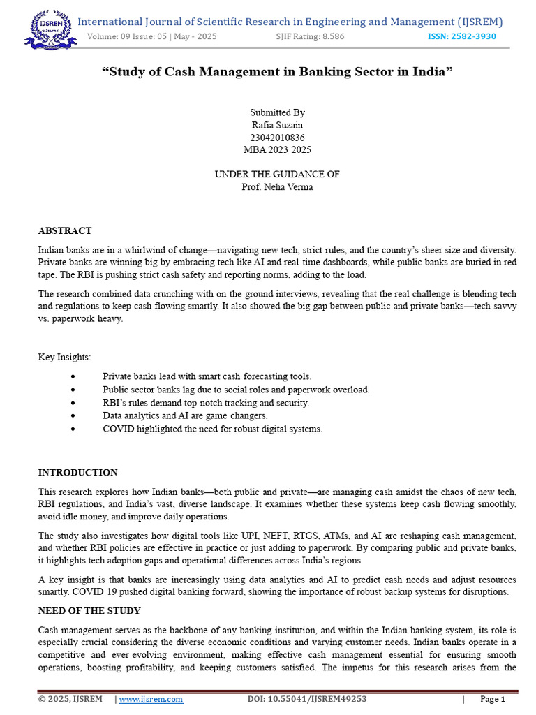 Study of Cash Management in Banking Sector in India | PDF | Banks | Cheque