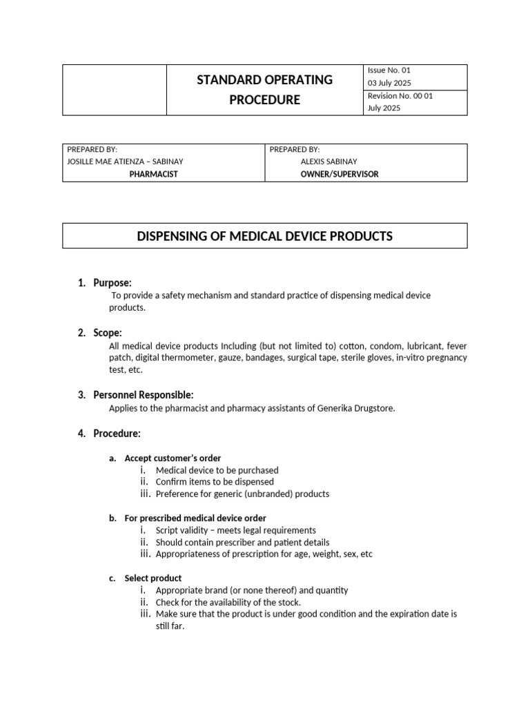 SOP-Dispensing Medical Device Prod | PDF | Medical Device | Pharmacy