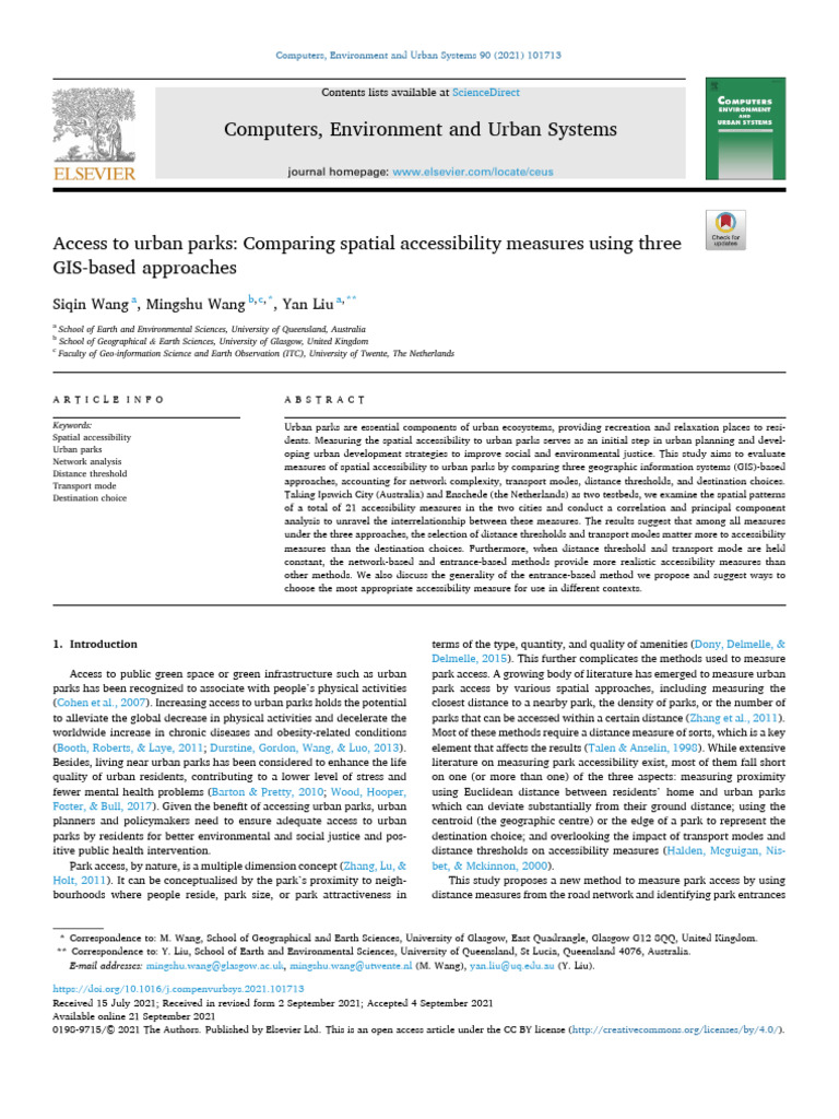 Access to Urban Parks Comparing Spatial Accessibility Measures Using ...