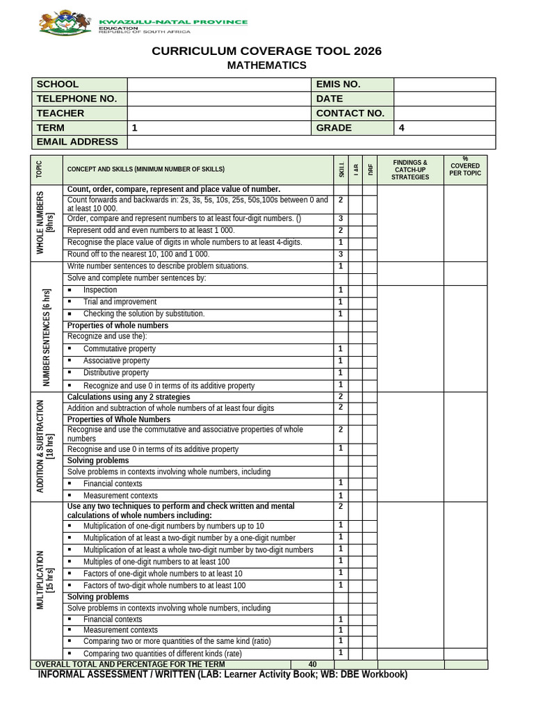 Grade 4 Curriculum Coverage Tool 2026 Eng TERM 1 | PDF | Mathematics