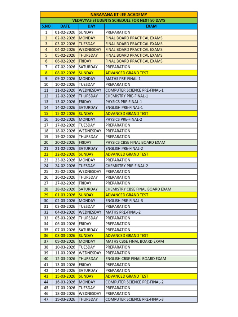 VV Students Next 50 Days Schedule-1 (Copy) | PDF
