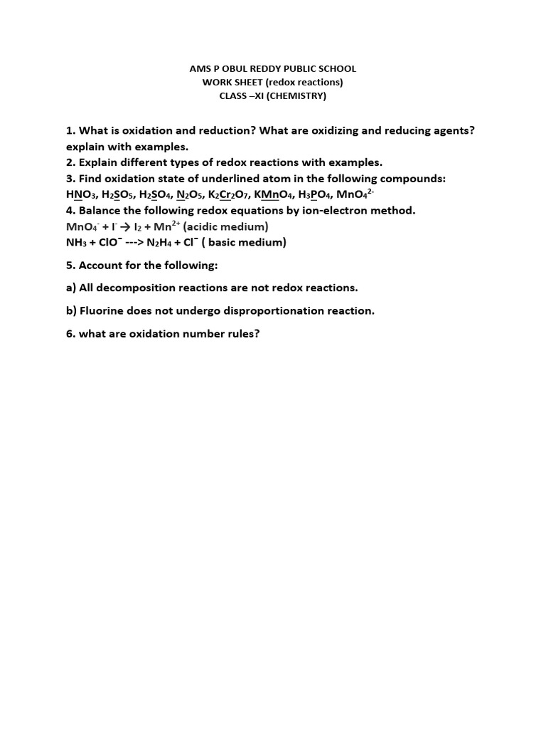 Redox Reactions Work Sheet - 251123 - 071141 | PDF