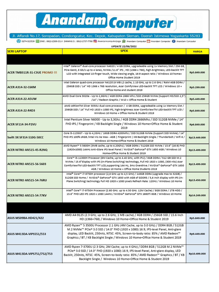 Pricelist New Notebook 22-Juni - 2021 | PDF | Computer Hardware ...