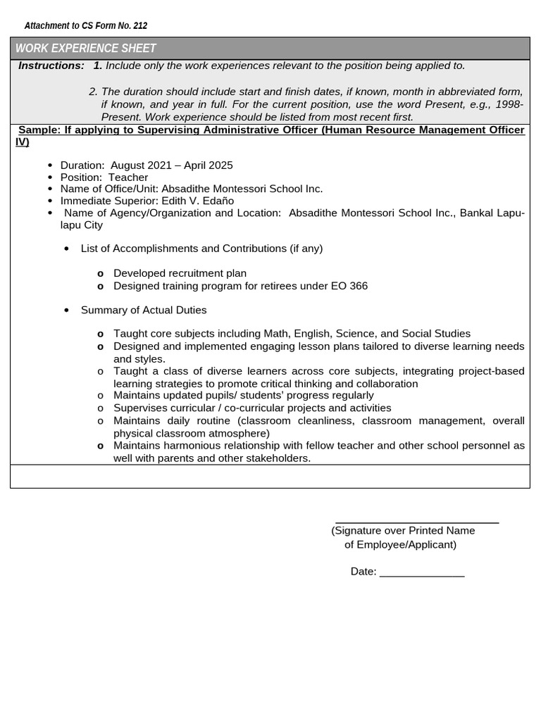 ANNEX H 2 CS Form No. 212 Attachment Work Experience Sheet 1 | PDF
