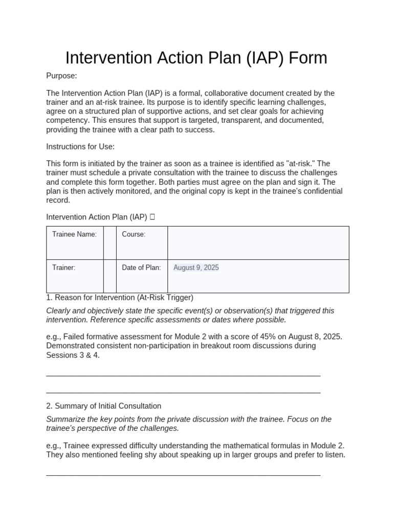 Intervention Action Plan IAP) Form | PDF | Cognition | Cognitive Science