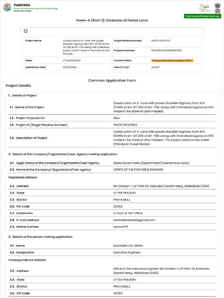 Form-A (Part-I) - Diversion of Forest Land | PDF