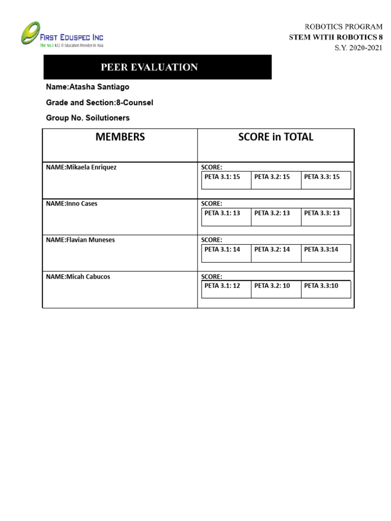 Peer Evaluation Answer Sheet | PDF