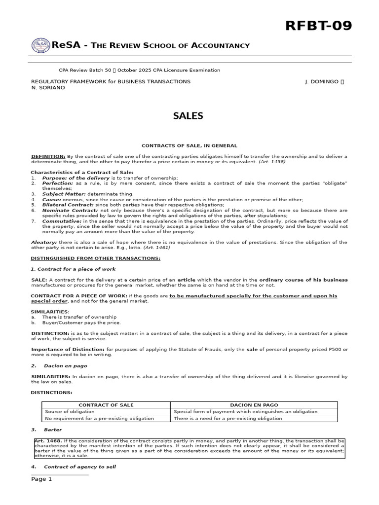 RFBT 09 (Sales) | PDF | Offer And Acceptance | Auction