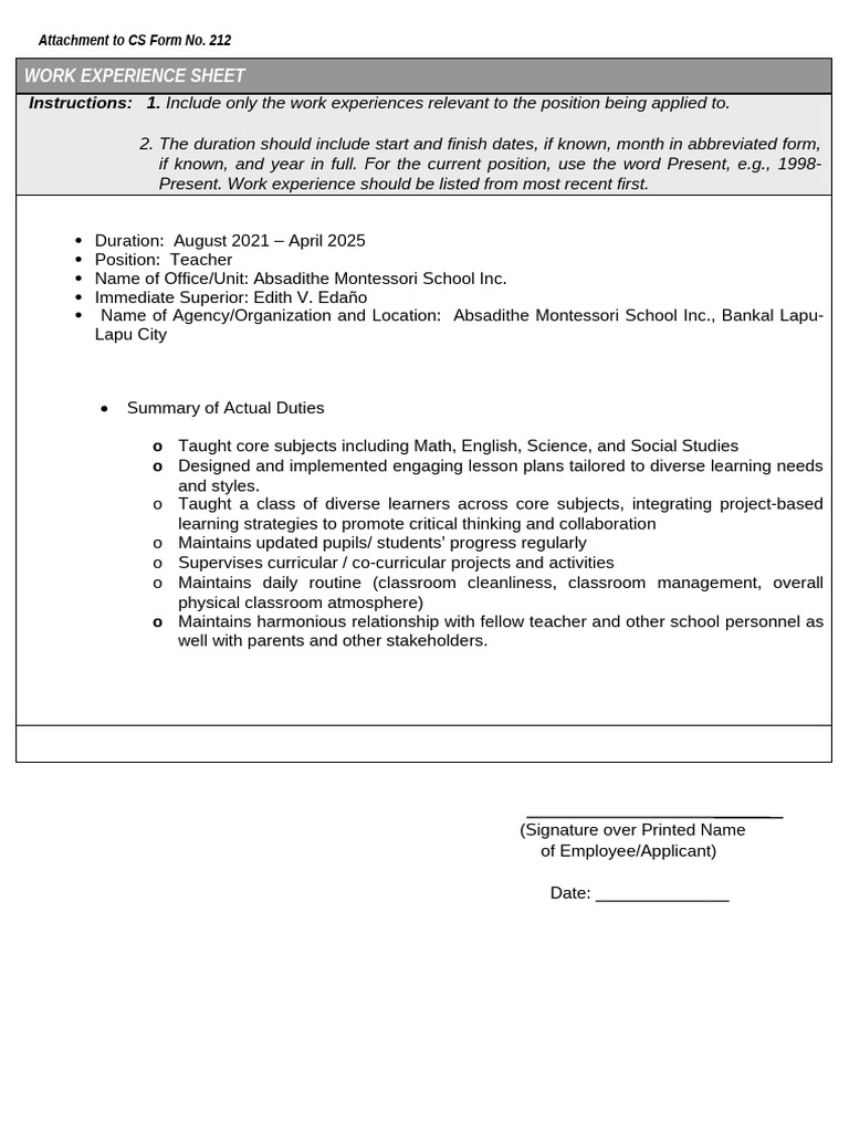 ANNEX H 2 CS Form No. 212 Attachment Work Experience Sheet 1 | PDF