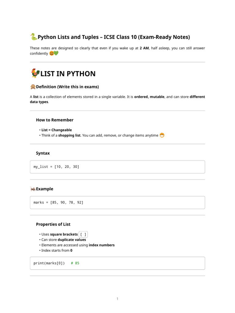 Icse Class 10 Python - Lists and Tuples (2 Am Ready Notes) | PDF ...
