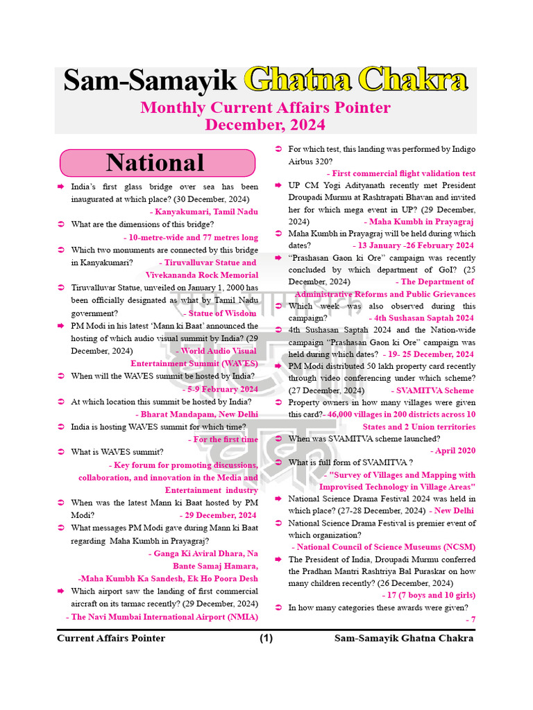Monthly Current Affairs Pointer Dec, 2025 | PDF | Government Of India
