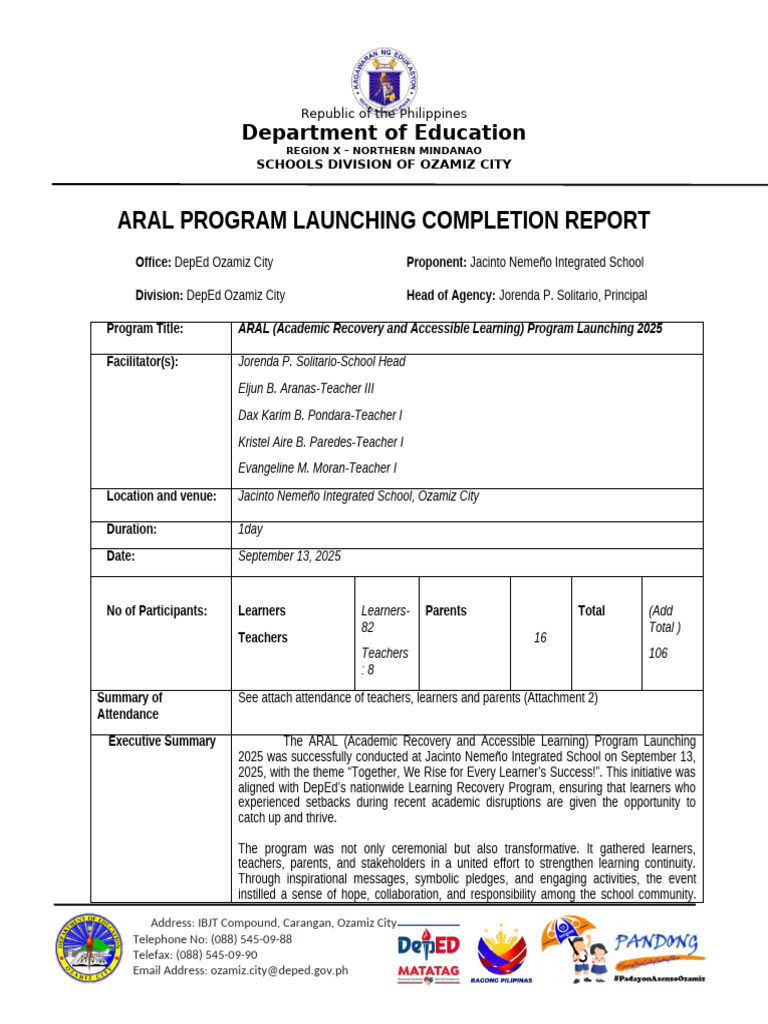 Aral Program Completion Report - Final | PDF | Cognition