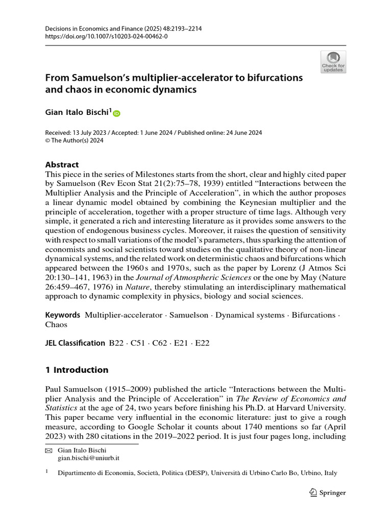 From Samuelson's Multiplier-Accelerator To Bifurcations and Chaos in ...