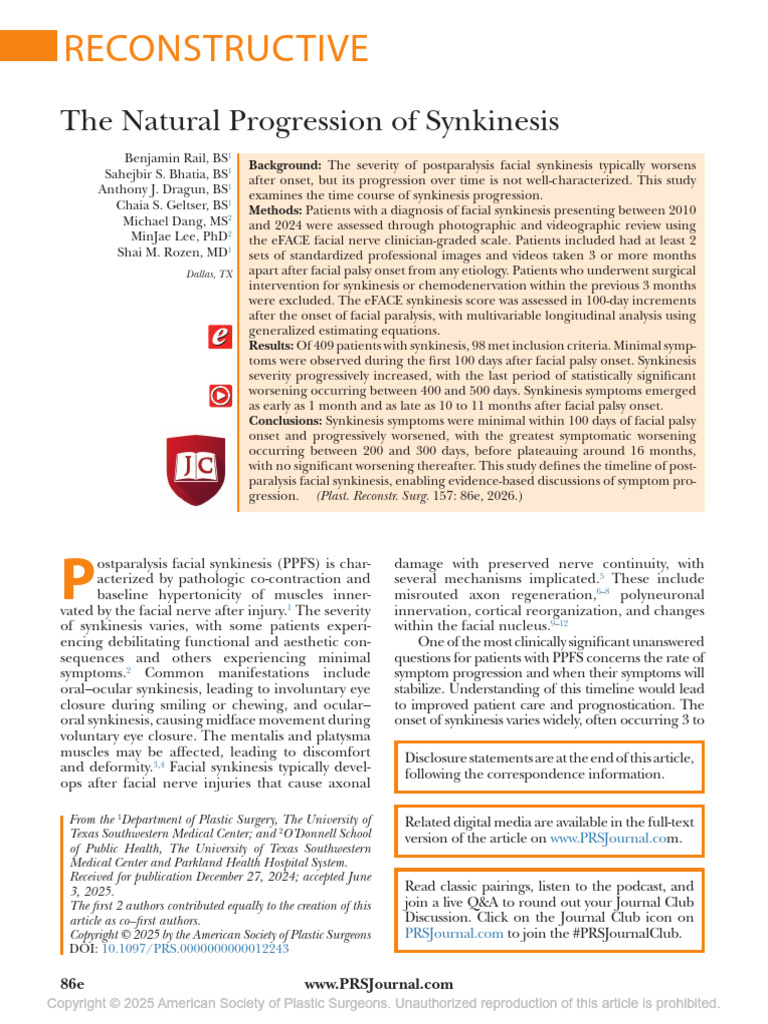 The Natural Progression of Synkinesis | PDF | Cohort Study | Neurology
