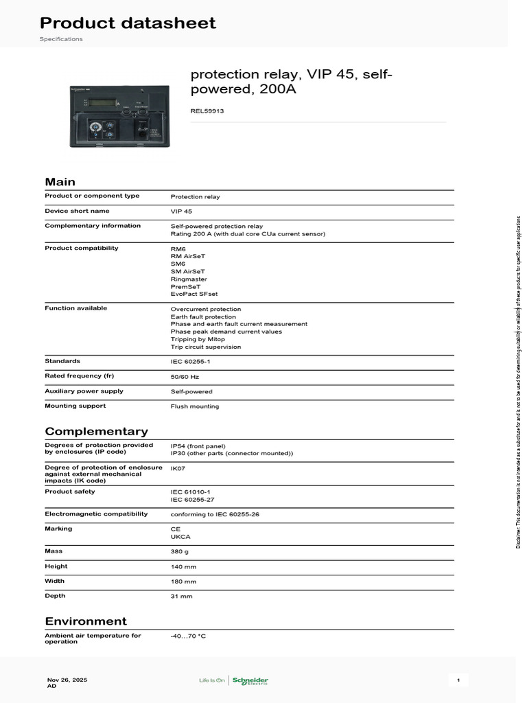 Schneider Electric - VIP - REL59913 Protection Relay, VIP 45, Self ...