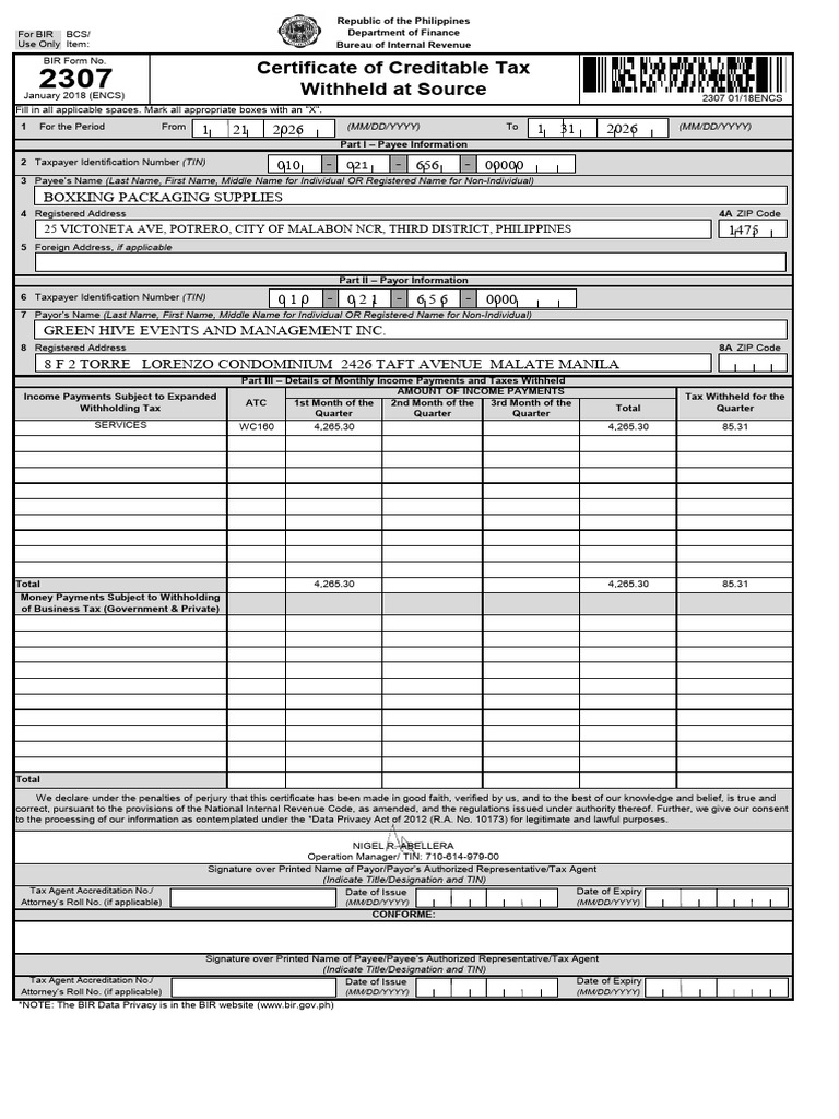 2307 Box King 1-21-2026 | PDF | Withholding Tax | Corporate Tax