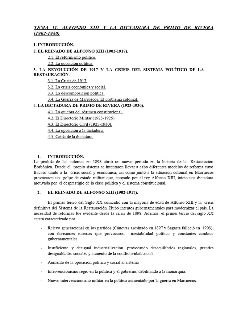 Tema 11 Alfonso Xiii y Primo de Rivera | PDF | España | Política de españa