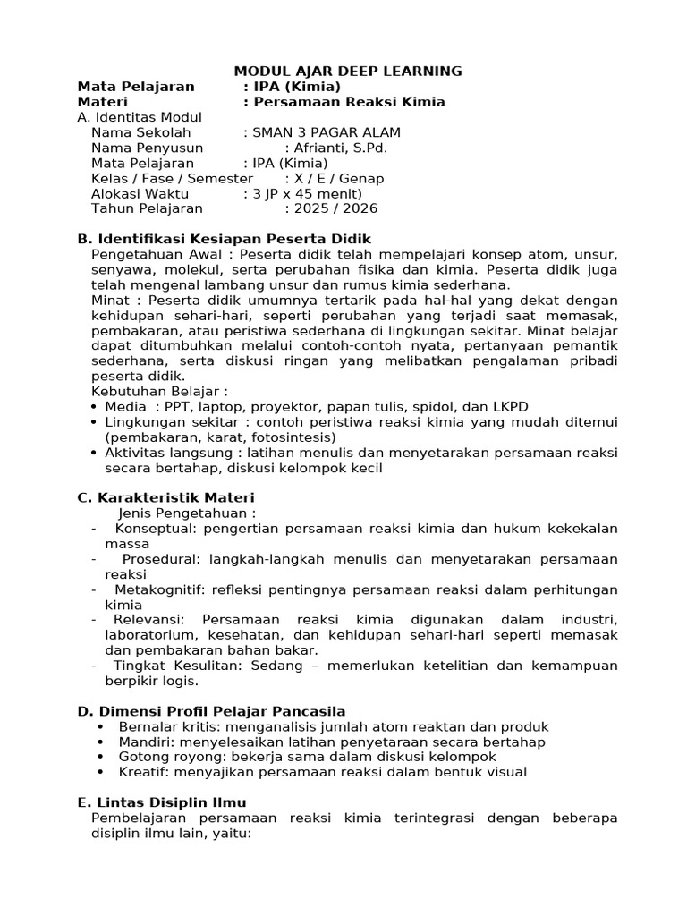 Cetak Modul Ajar Persamaan Reaksi Kimia Kelas X | PDF