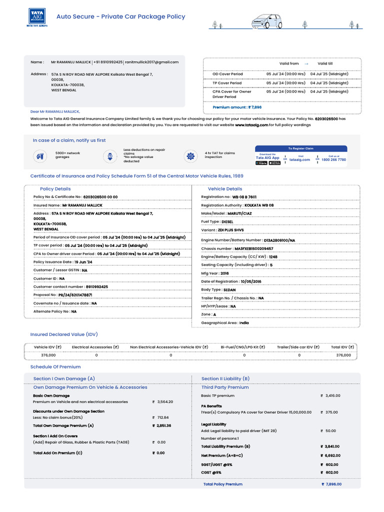 Tata AIG Motor Policy Schedule - 3184 - 6203026500 | PDF | Insurance ...