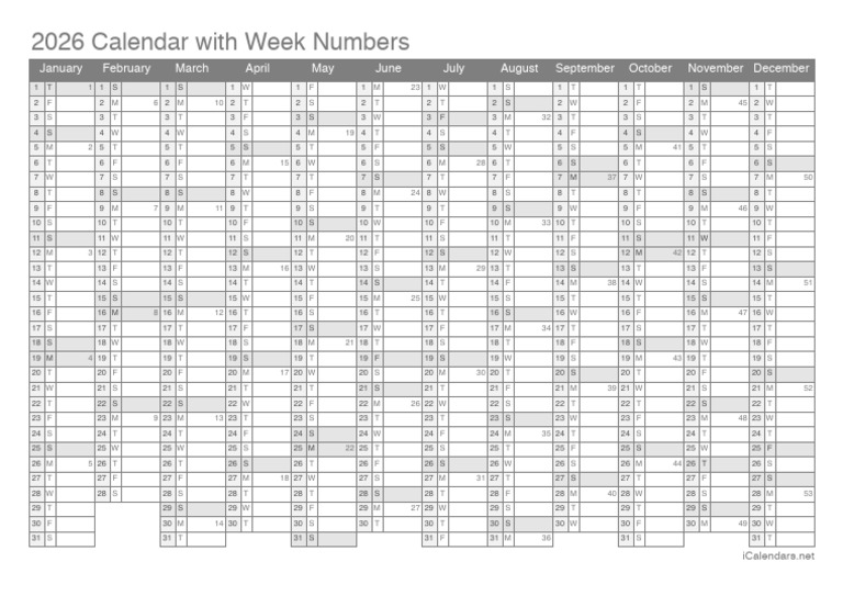 2026 Calendar Week Numbers 8405 | PDF