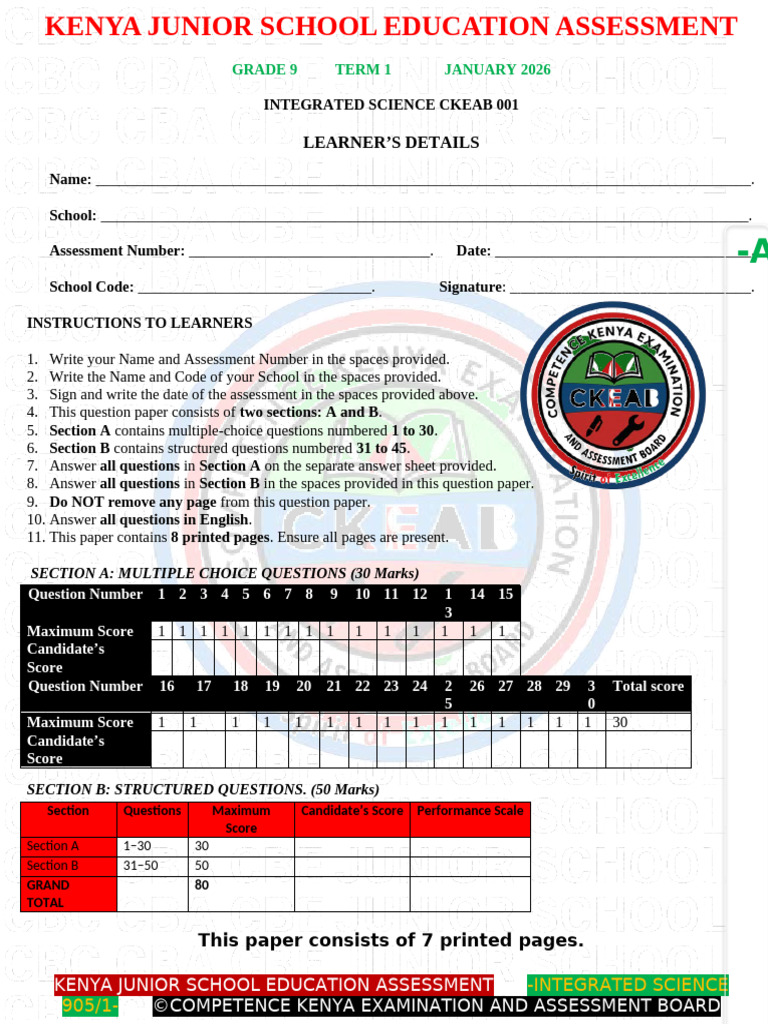 Grade 9 Integrated Science Pp1 001 2026 1 | PDF | Chemical Elements | Atoms