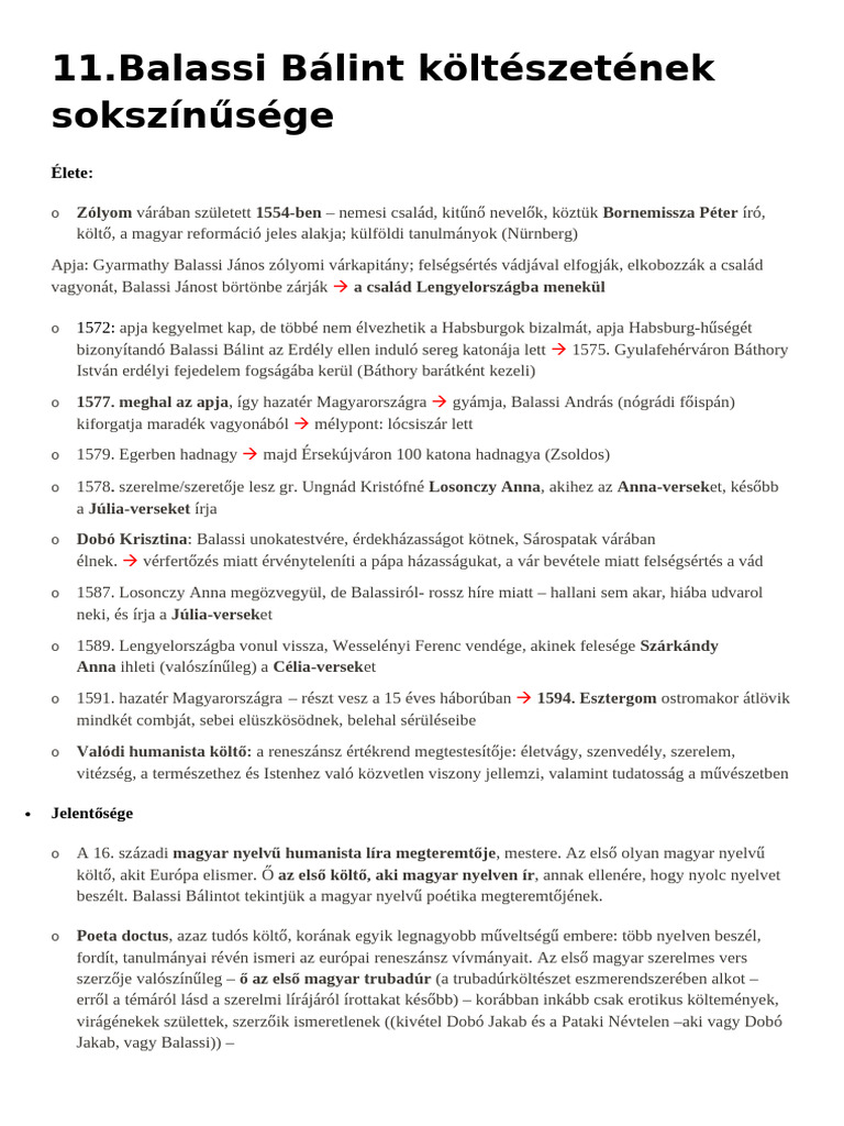 11.balassi Bálint Költészetének Sokszínűsége. Szerelmes Versei Hogy ...