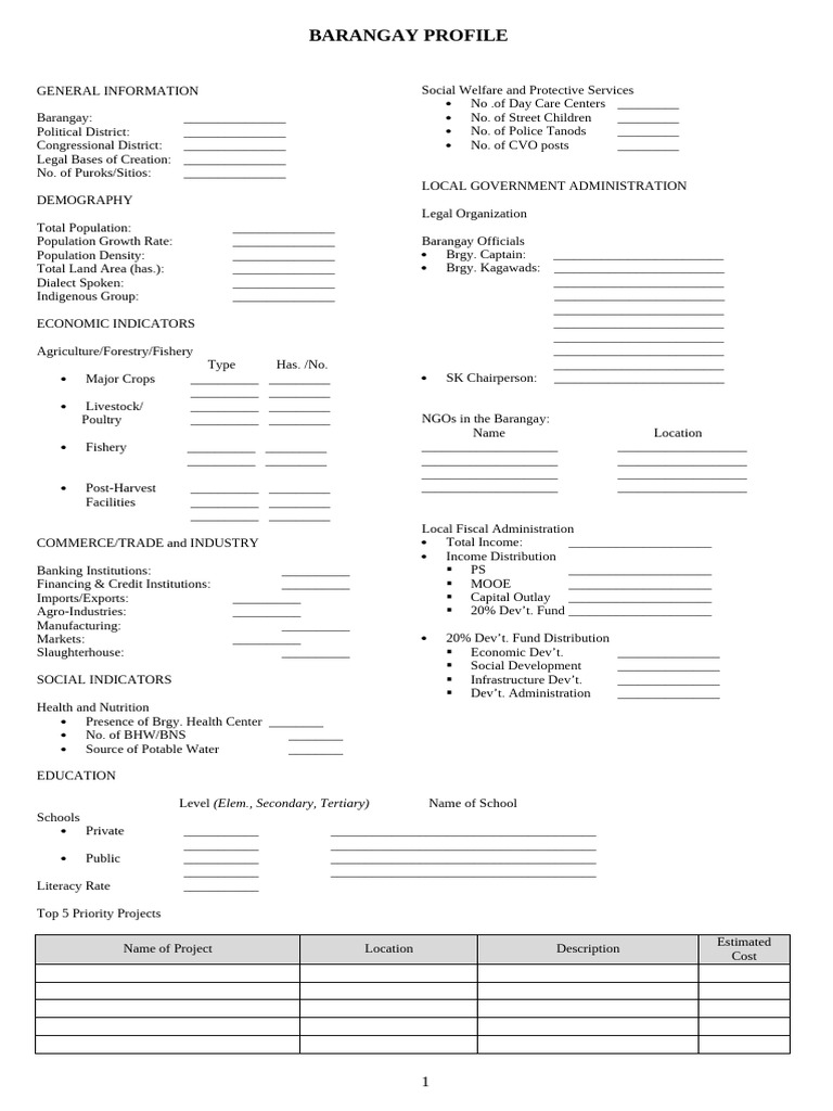 Barangay Profile Form - Revised 102113 | PDF | Economies