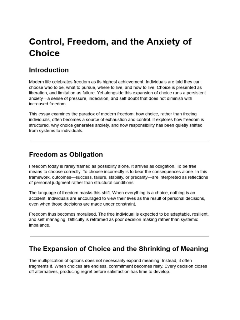 Control, Freedom, and The Anxiety of Choice | PDF | Anxiety | Decision ...