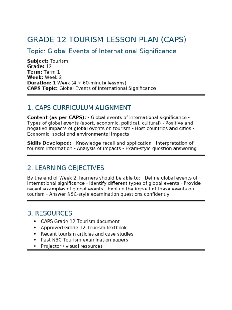 Grade 12 Tourism Lesson Plan Term 1 Week 1 - Global Events of ...