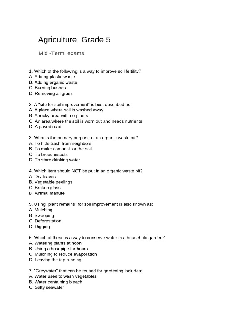 Grade 5 Agriculture Mid Term Exams | PDF | Soil | Plant Nursery